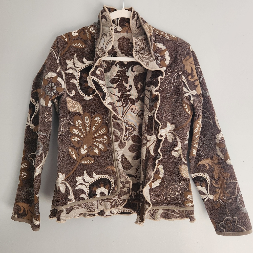 Trimdin Reversible Tapestry Ruffled Floral Coat Jacket Blazer Cardigan Size S